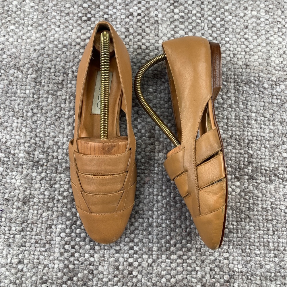 Vintage Calico C-Sleeping Tan Leather Woven Pointed Toe Ballet Flats Women 7.5 M